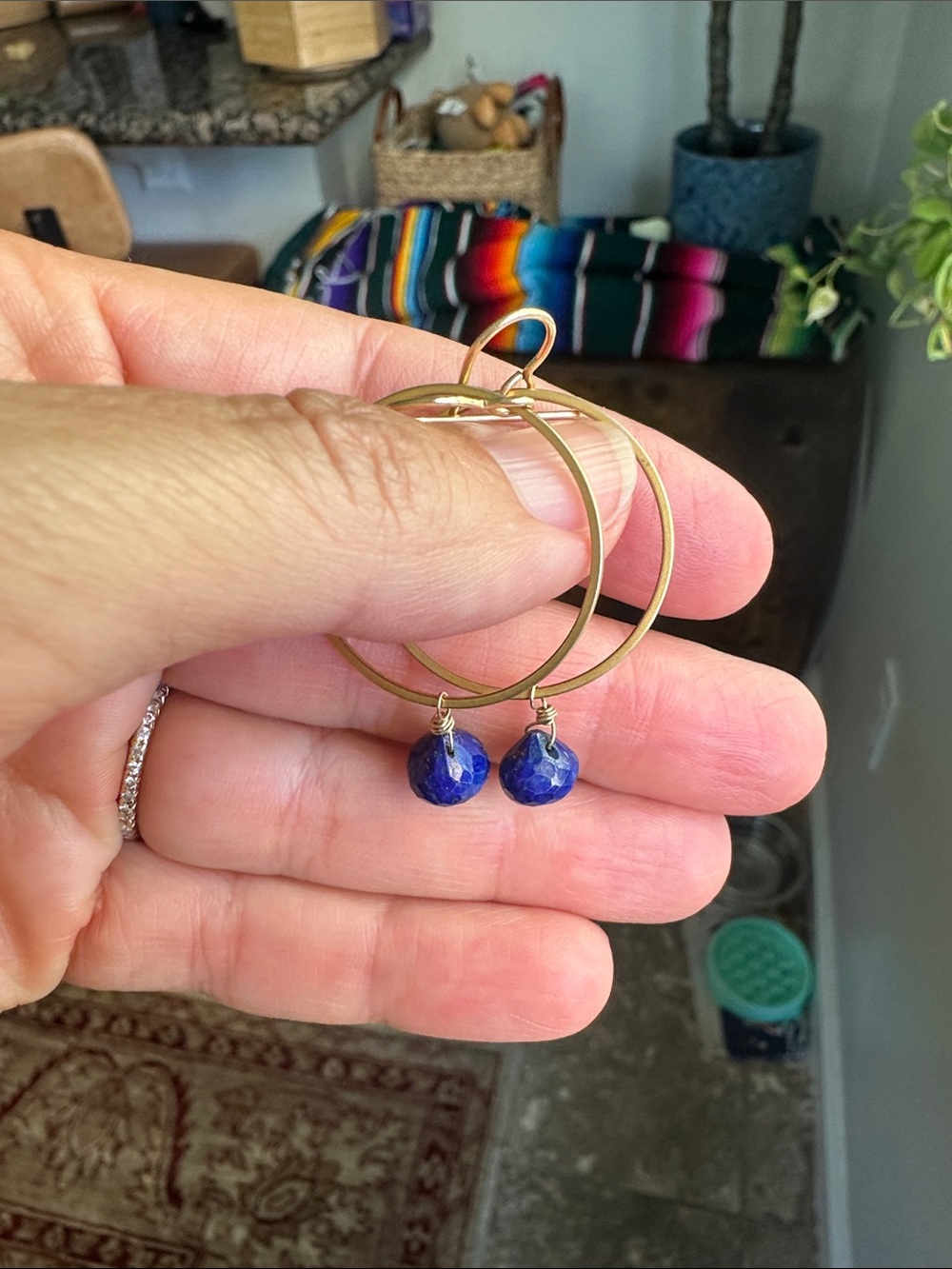 Gold Hoop Earrings with Blue Gemstone Drops